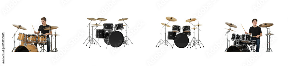Fototapeta premium Dynamic drumming performance studio performance art indoor rhythm and beat. Set PNG