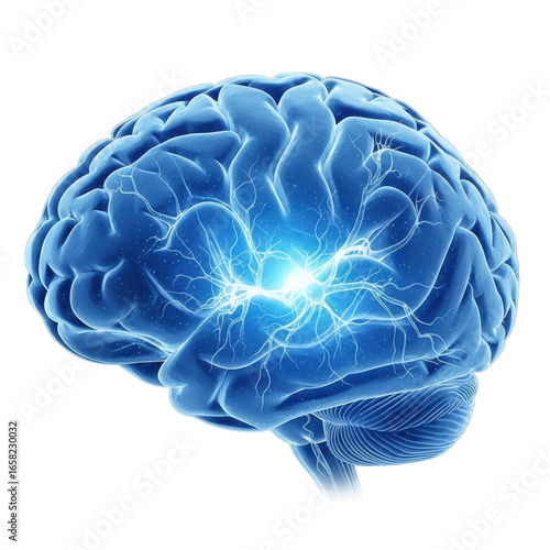 Illustration of a human brain with electrical activity isolated on transparent background