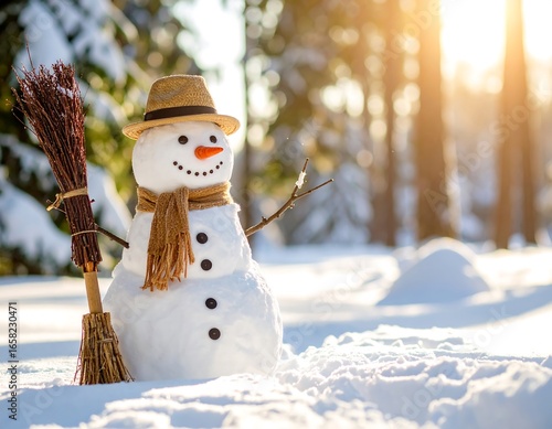 A charming snowman adorned with a hat and scarf stands in a snowy landscape