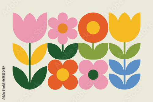 A colorful flower pattern with pink orange and yellow flowers and green and blue leaves on a light background