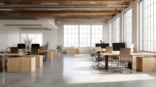 A softly modern office interior with large windows showcasing a stunning urban city view at sunset. Featuring elegant wooden desks, lush green plants, and warm lighting, creating a modern.