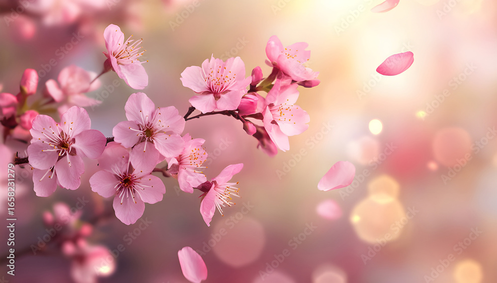 Obraz premium Pink sakura petals falling gracefully in soft light. Cherry blossoms on branch, blurred background, romantic atmosphere