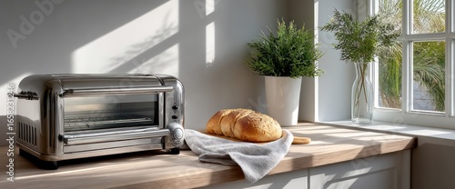 Stainless steel toaster oven and loaf of bread on a light-colored countertop next to a window