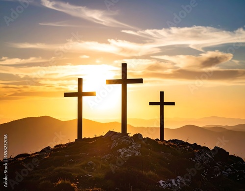 Three crosses on a mountaintop at sunset