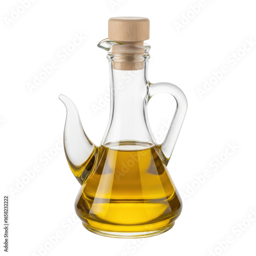 Glass bottle of olive oil with wooden stopper isolated on transparent background