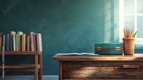 Cozy Classroom Corner with Desk, Books, and Pencil Holder