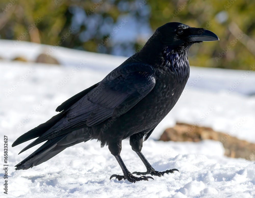 Fototapeta premium A solitary raven stands gracefully in the pristine winter landscape with vibrant snow-covered
