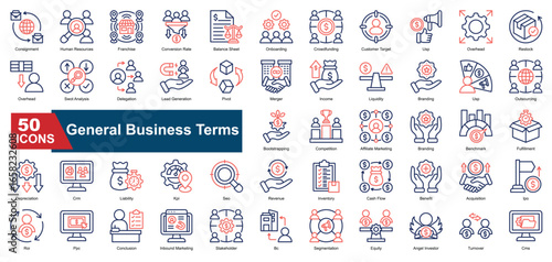 A collection of  General Business icons. Includes revenue, crm, segmentation, inventory, pivot, roi, and more. Suitable for reports, infographics, and web use.