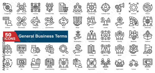 A collection of  General Business icons. Includes revenue, crm, segmentation, inventory, pivot, roi, and more. Suitable for reports, infographics, and web use.