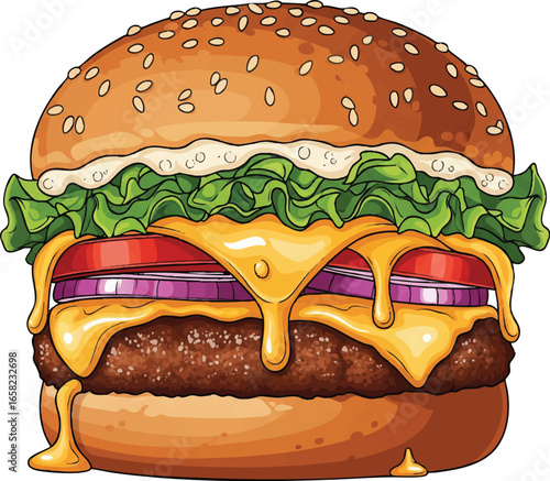 A hamburger with melted cheese and onions on top. The burger is large and has a lot of toppings