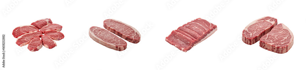 Fototapeta premium Sizzling meat cuts gourmet kitchen food bright lighting culinary art. Set PNG
