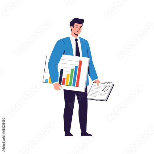 Businessman in a blue suit holding a colorful bar chart and a notepad for a presentation.