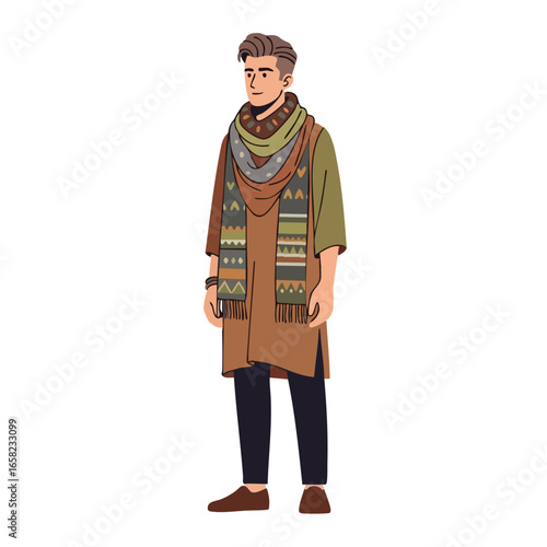 Stylish young man in a brown tunic and a colorful patterned scarf.