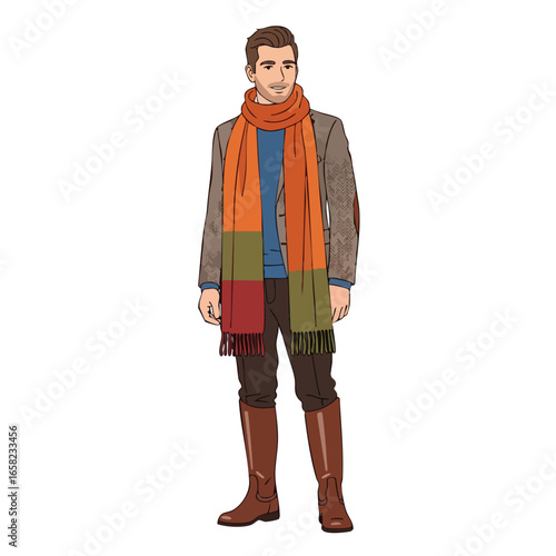 Stylish cartoon man wearing a colorful scarf blazer with elbow patches and tall boots.