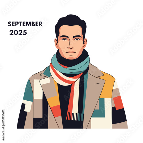 Portrait of a stylish man wearing a colorful patchwork coat and striped scarf autumn fashion illustration.