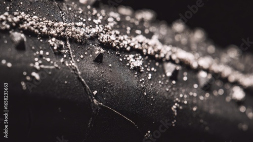 Close up view of textured black surface featuring fine particles and sharp elements