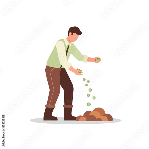 Vector illustration of a man in a shirt and boots sowing green seeds into a pile of soil.