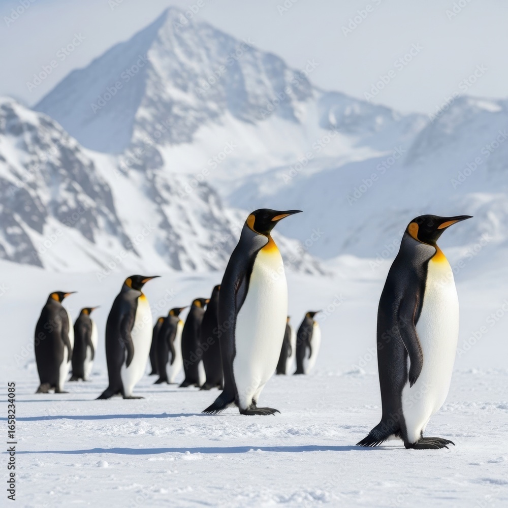 Fototapeta premium Antarctic Royalty: A Regiment of Emperor Penguins Against Majestic Snowy Peaks