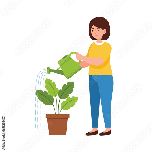 Flat vector illustration of a young woman in a yellow shirt watering a green houseplant with a watering can.