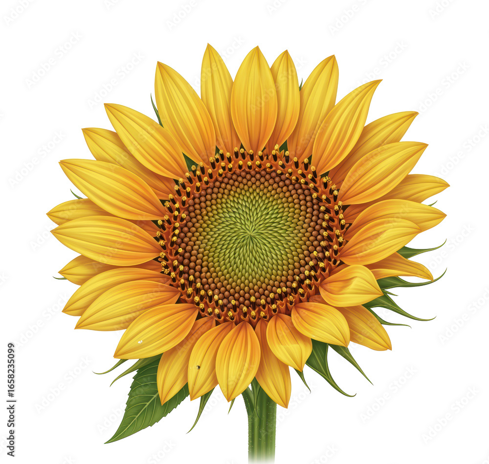 Fototapeta premium Bright Yellow Sunflower with Green Center and Green Leaves on Transparent Background