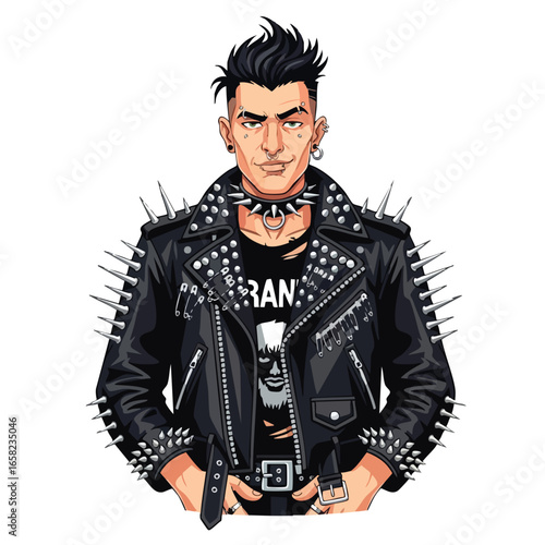Cartoon punk rock man with spiky hair facial piercings and a studded leather jacket.