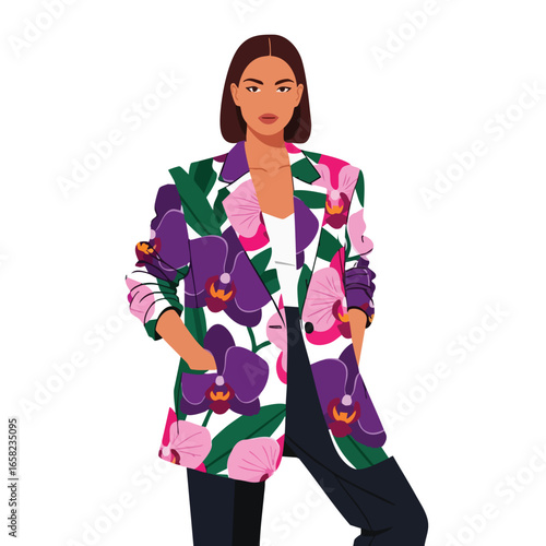 Stylish woman with a bob haircut wearing a vibrant purple and pink orchid floral blazer.