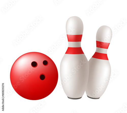 Bowling clipart. Pins and ball. Vector 3d illustration isolated on white background.