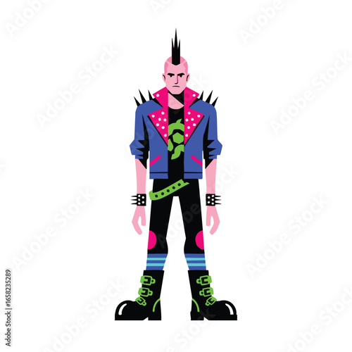 Colorful graphic illustration of a punk rocker with a mohawk and studded clothing.
