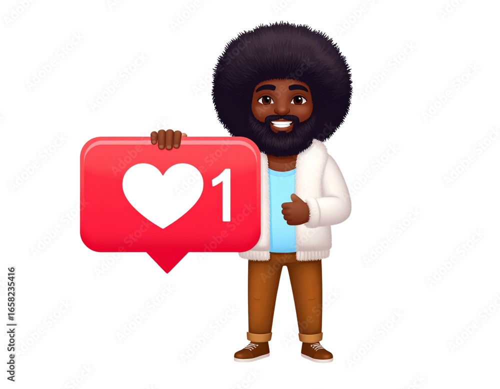 Obraz premium Happy black man holding a social media like notification with a heart icon