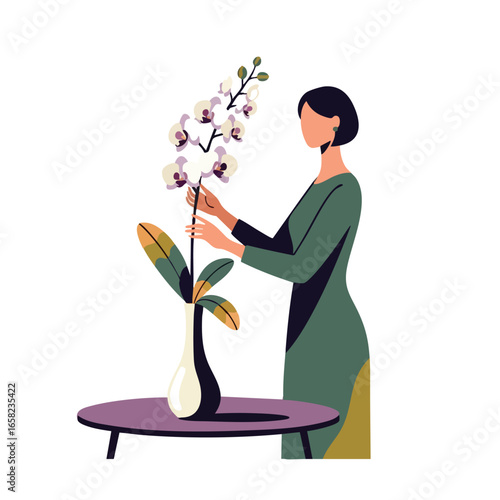An elegant woman in a green dress arranging a beautiful white orchid in a modern vase.