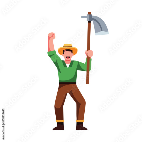 A cheerful cartoon farmer in a straw hat holding a hoe and raising his fist in celebration.