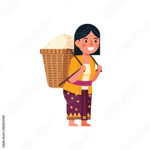 Smiling Asian woman in traditional clothing carrying a large woven harvest basket on her back.