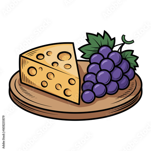 Cheese platter with grapes, hand-drawn illustration, gourmet snack