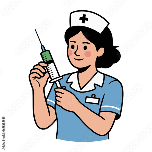 Nurse holding syringe, hand-drawn illustration, healthcare profession