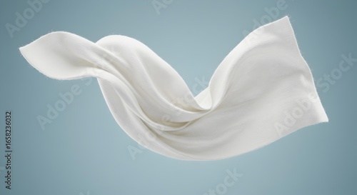 White Fluffy Fabric Towel Floating and Waving in Air against a Light Blue Background, 3D Rendering of Soft Absorbent Material