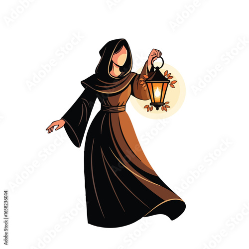 A mysterious cloaked woman in a dark brown hooded robe holding a luminous vintage lantern.