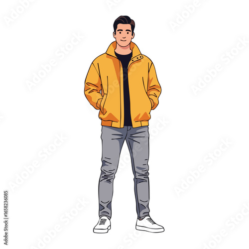 A smiling young man in a yellow jacket grey jeans and white sneakers standing with hands in pockets.