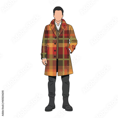 Stylish faceless man illustration wearing a classic autumn-colored plaid overcoat and black trousers.
