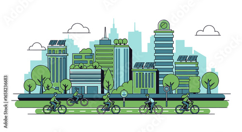 Stylized illustration of a green city skyline with cyclists riding on a road in the foreground, showcasing sustainable urban living and eco-friendly transportation.