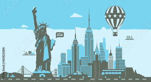 Stylized illustration of the New York City skyline featuring the Statue of Liberty, skyscrapers, a hot air balloon, and the Golden Gate Bridge in the background.