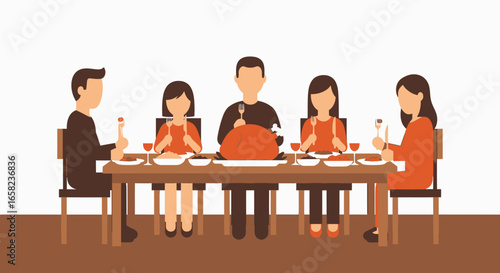 A family of five is seated around a table, enjoying a Thanksgiving dinner with a roasted turkey as the centerpiece.