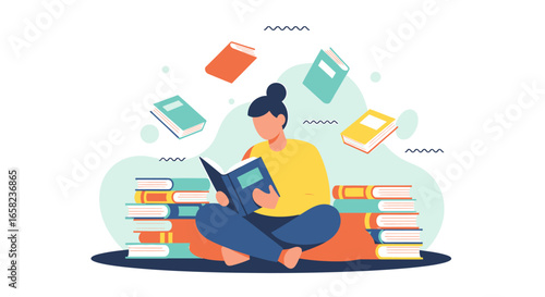 A woman sits cross-legged reading a book with several books stacked around her and floating in the air.