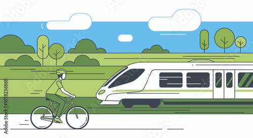 Illustration depicting a cyclist riding a bicycle alongside a modern train traveling through a green landscape with trees and a blue sky.