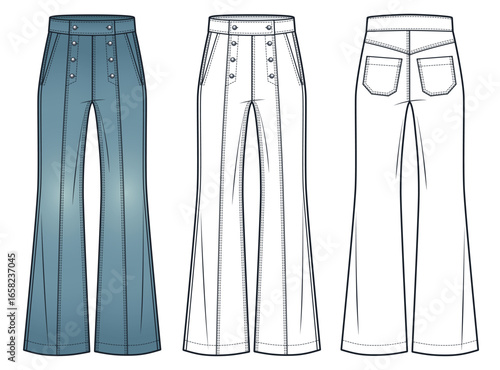 High-waisted sailor Pants technical fashion illustration. Denim Pants fashion flat technical drawing template, full length, front and back view, white, vintage blue, women, men, unisex CAD mockup set.