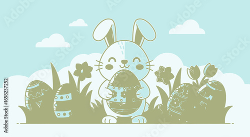 Cartoon illustration of a happy Easter bunny holding a decorated egg surrounded by flowers and other Easter eggs in a grassy field.