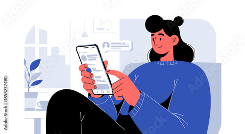 Woman with dark hair in a bun sitting and using a smartphone, with a message bubble appearing on the screen.