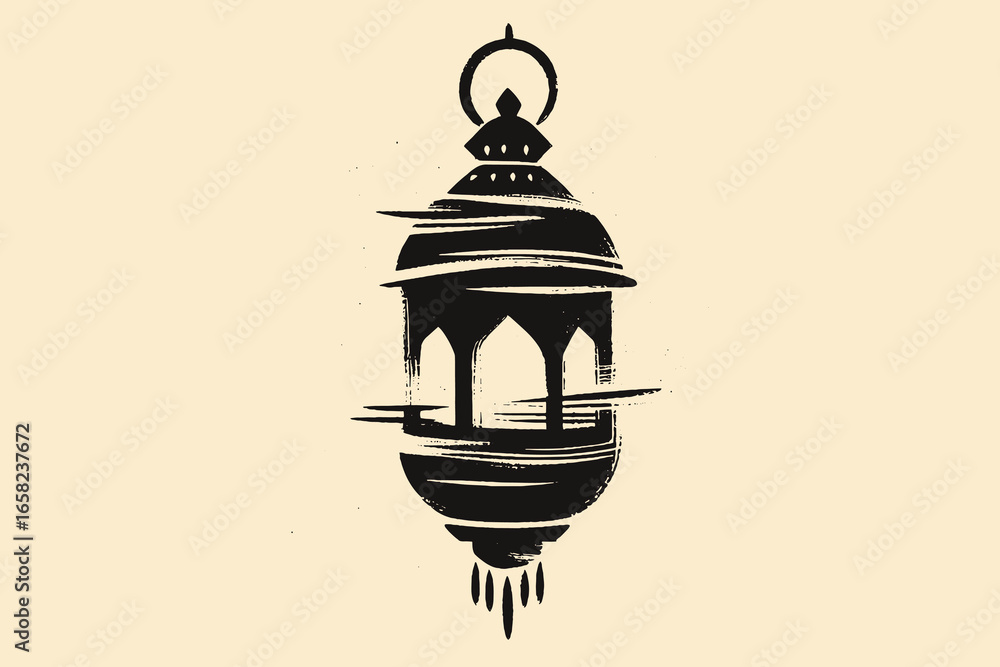 Naklejka premium Arabic lantern brush sketch black silhouette vector illustration