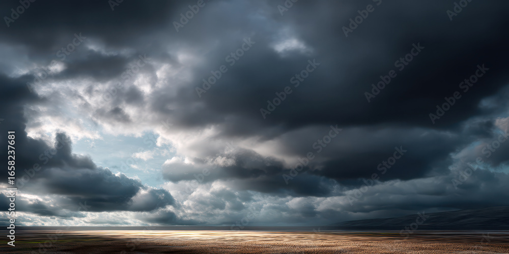 Obraz premium Dark clouds gather over vast open field with sunlight breaking through, creating dramatic and moody landscape scene