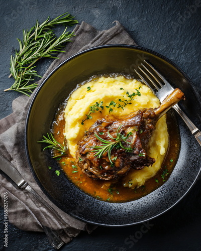 flat lay of lamb shank with mashed potatoes and rosemary sauce, rustic fine dining