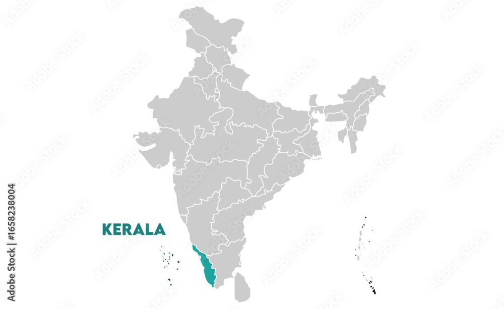 Obraz premium Kerala map highlighted with name, Indian states, suitable for education, business, presentations, print, web use, and creative geographic projects. Indian union territory.